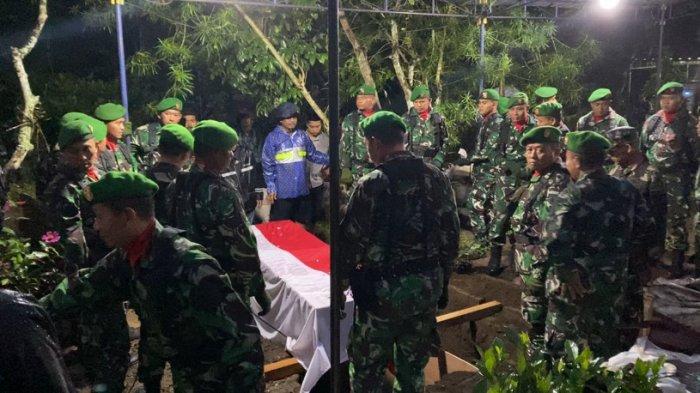 PEMAKAMAN - Suasana pemakaman jenazah Kopda Eri Dwi Priambodo di TPU Banjarsari, Desa Kebumen, Kecamatan Pringsurat, Kabupaten Temanggung, Selasa (13/5/2025) malam. Prosesi pemakaman dilaksanakan secara militer dan penghormatan melalui tembakan salvo.
