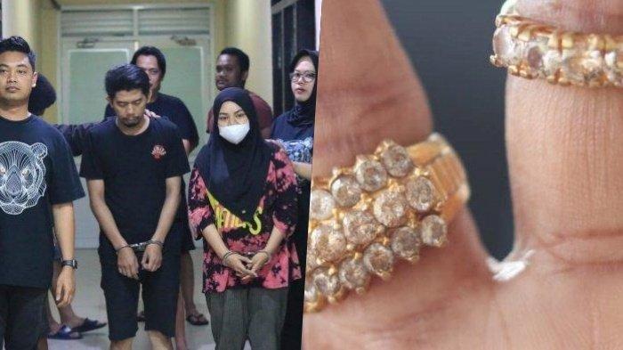 Pasutri GV dan FB (diborgol) pelaku penipuan emas di Balikpapan yang diamankan di Sampit, Kalteng. Kanan: contoh emas palsu yang dijual di Toko Emas GS mili pasutri tersebut. Akhirnya terkuak fakta terbaru kasus penipuan emas di Balikpapan, banyak pembeli jadi alasan melebur emas untuk akali pembelinya.
