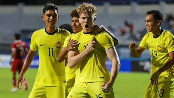Pemain Timnas Malaysia, Fergus Tierney setelah mencetak gol ke gawang Timnas Indonesia di Piala AFF U23 2023, Jumat 18 Agustus 2023.