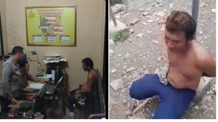 Petugas sedang melaksanakan pemeriksaan terhadap terduga maling di Desa Karangsari, Kecamatan Weru, Kabupaten Cirebon. Pelaku diamankan warga saat beraksi dan diikat di tiang.