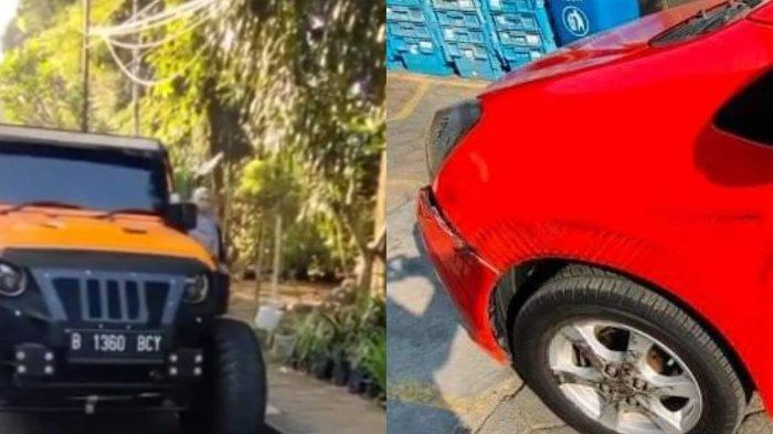 Penampakan Rubicon dan kondisi terkini Ayla usai diserempet di exit Tol Mampang Prapatan, Jakarta Selatan, Senin (18/7/2023). (Istimewa)
