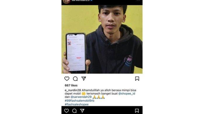 Sarwendah pun mengucapkan selamat kepada Endang Nurdin. Pemuda asal Kabupaten Tasikmalaya, Jawa Barat ini, memenangkan Totoya Avanza yang dijual saat Flash Sale Mobil 9RB.