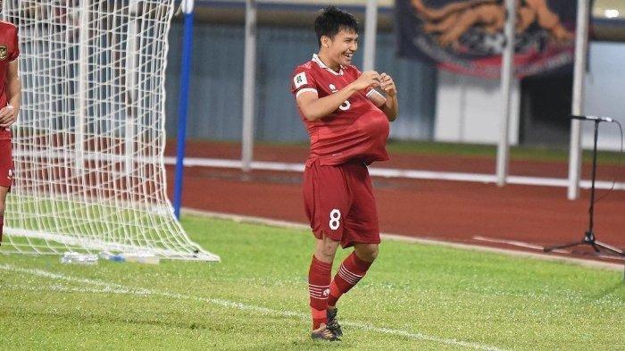 Selebrasi Witan Sulaeman setelah membobol gawang Brunei Darussalam dalam lanjutan putaran pertama pada leg kedua Kualifikasi Piala Dunia 2026 zona Asia pada Selasa (17/10/2023).