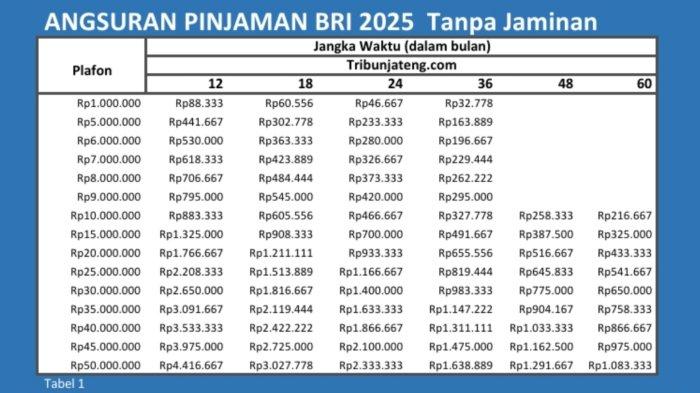 Tabel pinjaman BRI tanpa jaminan Rp 1 Juta - Rp 500 Juta