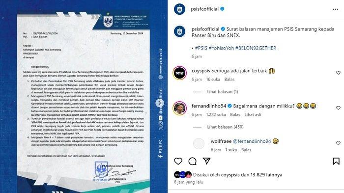 Viral Komentar Fernandinho Tanggapi Surat Balasan PSIS Semarang, Sindir Tunggakan Gaji Pemain?