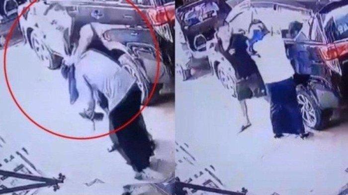 Kolase aksi penganiayaan seorang pria terhadap wanita pegawai Dishub di tempat cucian mobil wilayah Konawe, Sulawesi Tenggara.