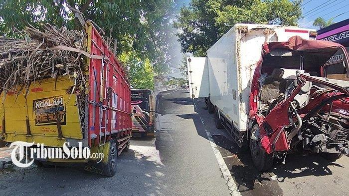 Truk boks muatan es kristal (kanan) dan truk muatan tebu (kiri) yang terlibat kecelakaan di Jalan Solo-Jogja.