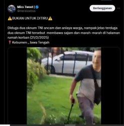 PENGANIAYAAN DI KEBUMEN - Tangkapan layar akun X @Heraloebss pada Senin (24/2/2025) - Diduga dua oknum TNI mengancam dan menganiaya seorang pria di Kebumen, penganiayaan dilakukan di depan anak dan istri korban.