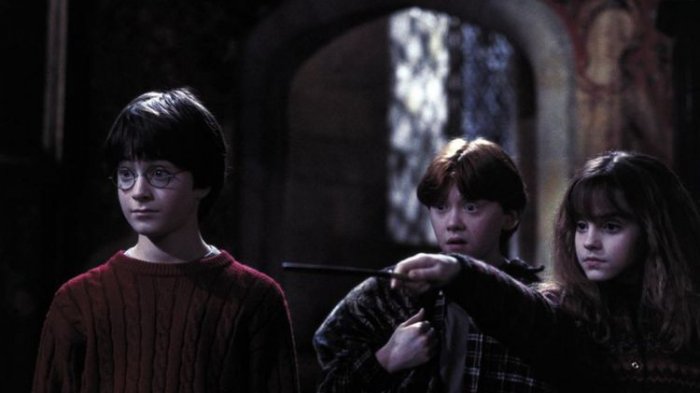 Tiga bintang film Harry Potter, Daniel Radcliffe, Rupert Grint, dan Emma Watson.