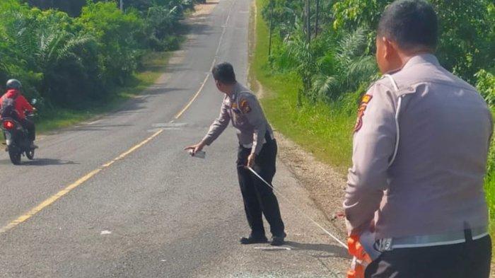 OLAH TKP: Petugas melakukan olah TKP kecelakaan lalu lintas ambulans dengan Toyota Land Cruiser di jalan lintas timur Sumatra di Kabupaten Pelalawan, Riau, Minggu (1/6/2025). (KOMPAS.COM/Dok. Satlantas Polres Pelalawan)