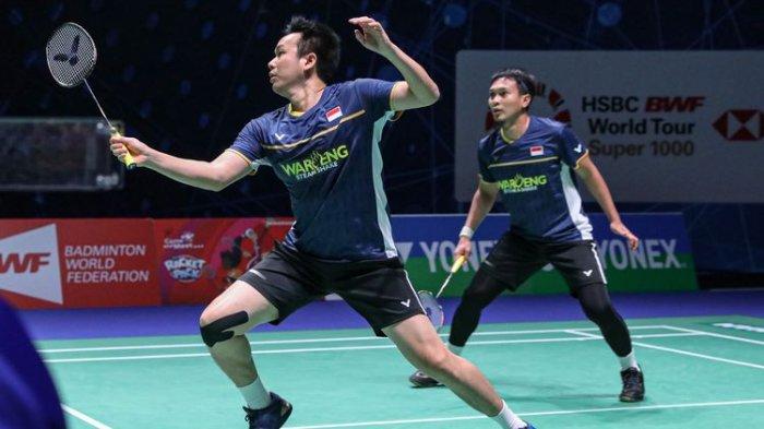 Mohammad Ahsan/Hendra Setiawan, saat bertanding di All England 2023 yang berlangsung di Utilita Arena Birmingham, Inggris, pada 14-19 Maret 2023.