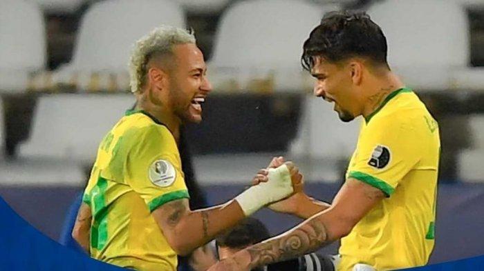 Selebrasi dua pemain Brasil Neymar dan Lucas Paqueta seusai keduanya berkombinasi membuat gol ke gawang Peru dalam semifinal Copa America 2021, Selasa (6/7/2021).
