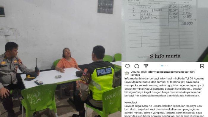 Anggota Polsek Jati mendatangi warung ngepruk di Jati Kudus untuk memberikan imbauan (kiri), dan tangkap layar rincian harga nota warung yang janggal (kanan).