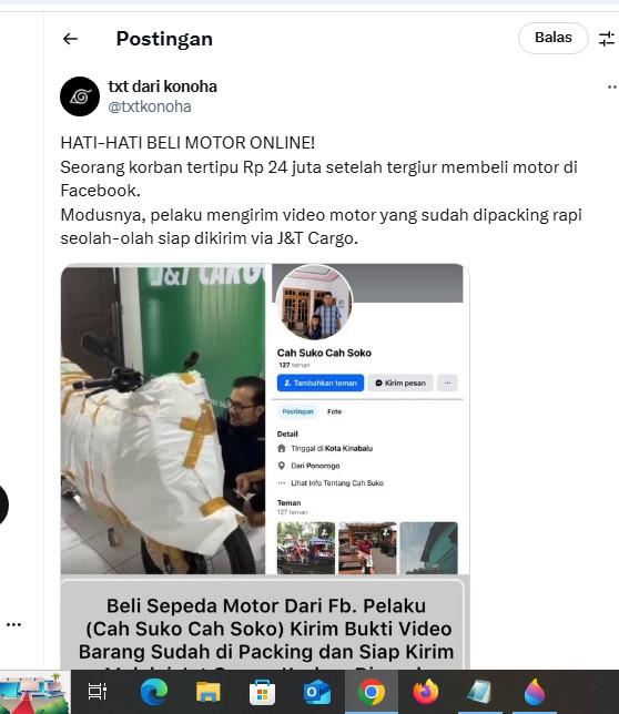 PENIPUAN : tangkapan layar dari X @txtkonoha pada Selasa (13/5/2025) - Unggahan tentang pengakuan pria Pasuruan yang menjadi korban penipuan jual beli sepeda motor di FB