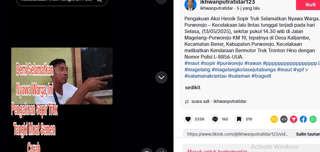SOPIR TRUK : Tangkapan layar dari Tiktok @ikhwanputratidar123 pada Rabu (14/5/2025) - Pengakuan sopir truk semen yang mengalami kecelakaan tunggal di jalur Kalijambe Purworejo