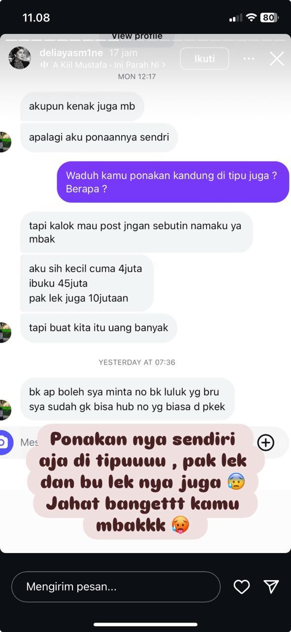 LULUK NURIL : Tangkapan layar dari Insta story Instagram @deliayasmine pada Kamis (10/7/2025) : keponakan Luluk Nuril mengaku ikut jadi korban