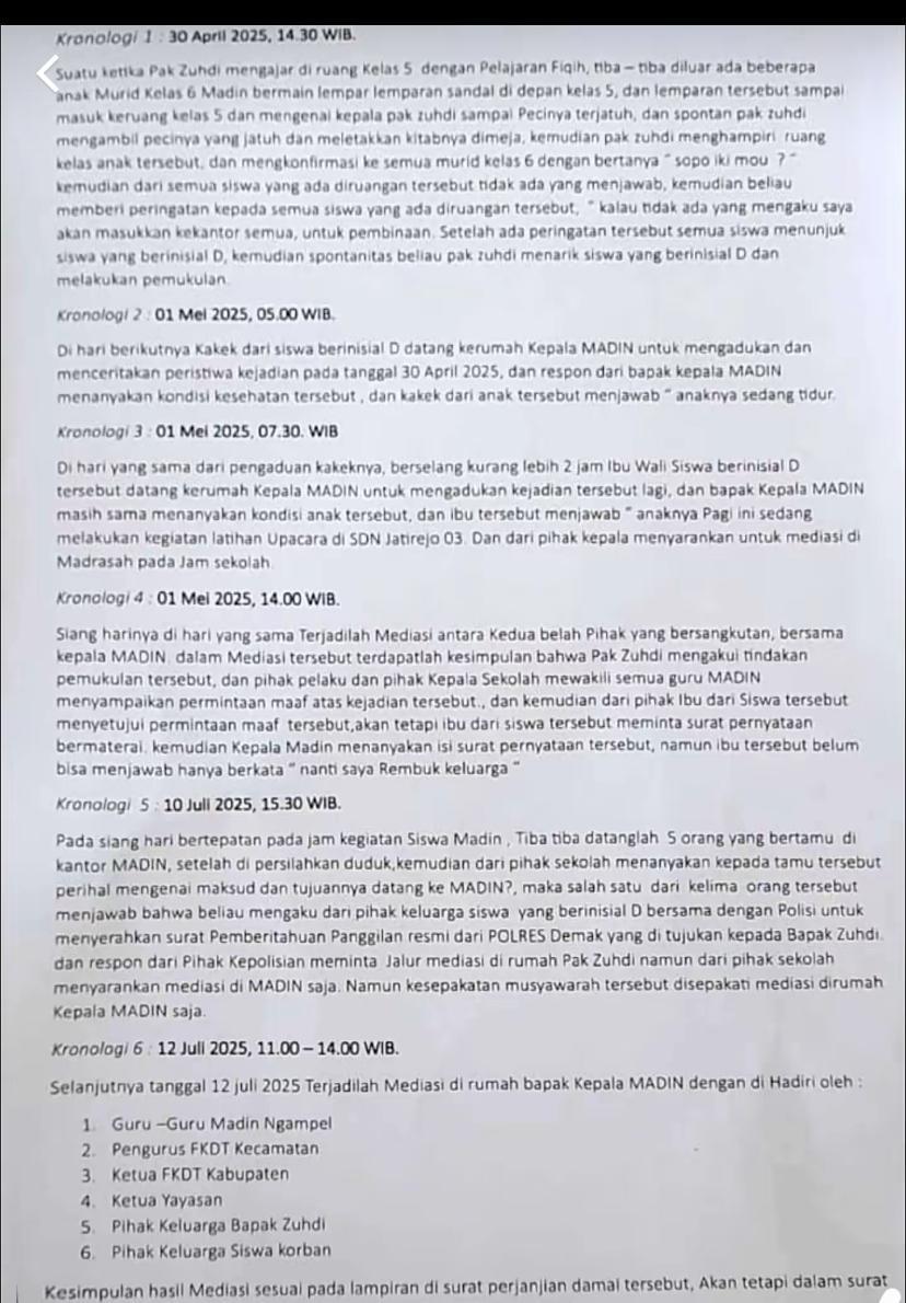 KRONOLOGI : Tangkapan layar dari Tiktok @exaecin pada Sabtu (19/7/2025) : Kronologi Guru Madin di Demak diduga tampar murid hingga dituntut Rp 25 juta