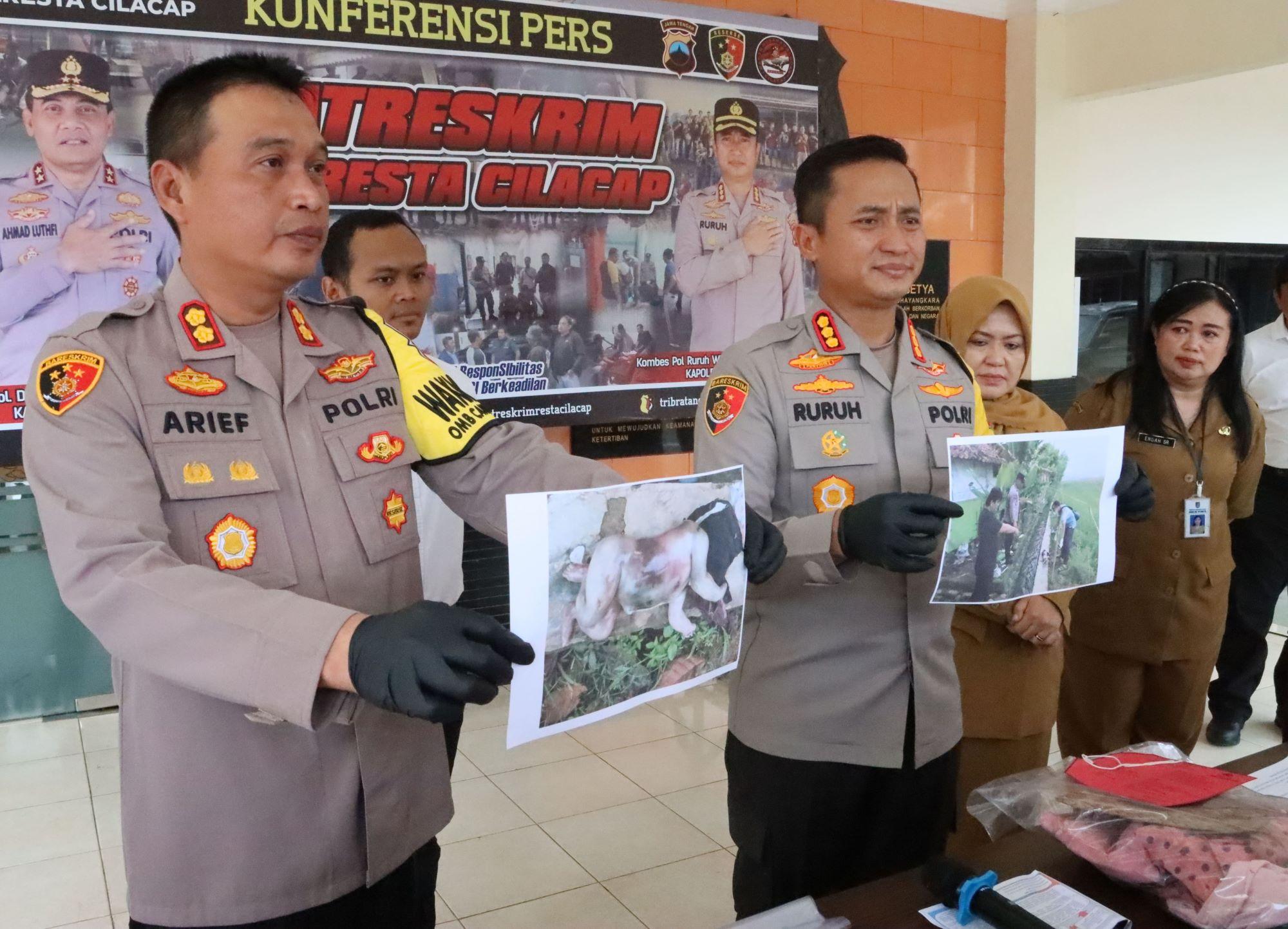 Kapolresta Cilacap Kombes Pol Ruruh Wicaksono dan Wakapolresta Cilacap AKBP Dr Arief Fajar Satria saat menunjukkan barang bukti penemuan mayat bayi perempuan di Majenang kepada awak media dalam konferensi pers di Mapolresta Cilacap. Senin (25/3).