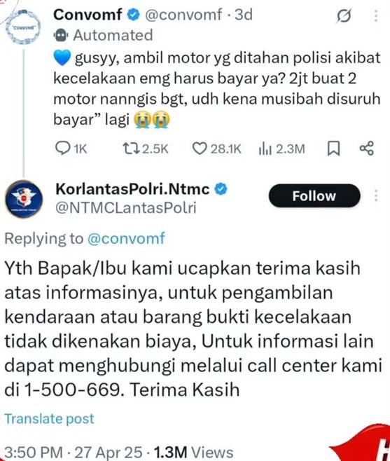 MOTOR DISITA : Tangkapan layar dari X @convomf pada Rabu (30/4/2025) - Curhat warganet yang diminta Rp 2juta saat ini ambil motor