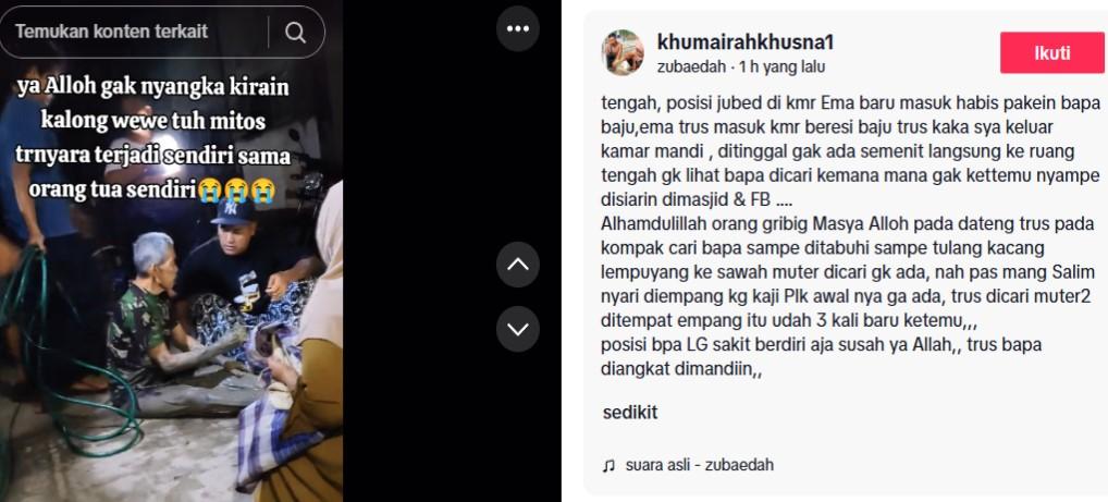 KALONG WEWE : Tangkapan layar dari Tiktok @khumairahkhusna1 pada Senin (21/4/2025) - Seorang kakek-kakek hilang misterius dan ditemukan di tengah empang