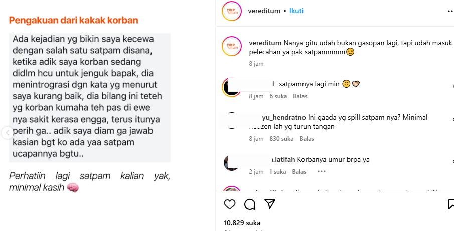 DOKTER PPDS - Tangkapan layar dari Instagram @vereditum pada Kamis (10/4/2025) - Akun tersebut membagikan tangkapan layar chat dari kakak korban pemerkosaan dokter PPDS Unpad di RSHS Bandung, dalam chat itu kakak korban mengatakan jika satpam di RS tersebut menanyakan hal tak layak pada adiknya