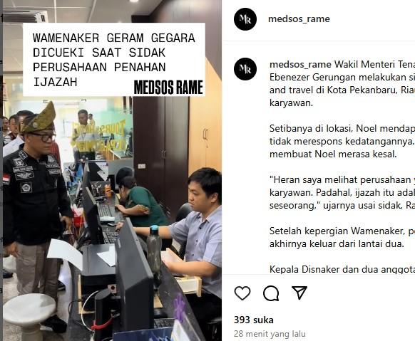 WAMENAKER - Tangkapan layar dari akun Instagram @medsos_rame pada Kamis (24/4/2025) - Video Wamenaker Immanuel Ebenezer Gerungan geram karena dicueki saat melakukan sidak ke perusahaan yang menahan ijazah karyawan.
