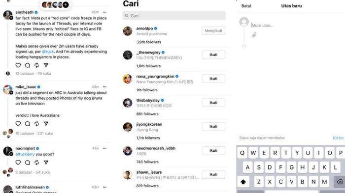 Tampilan menu utama di aplikasi Threads.