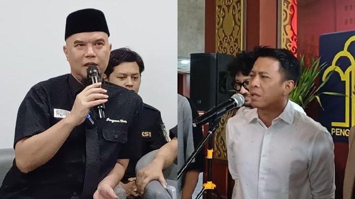 PERIZINAN LAGU - Ahmad Dhani saat jumpa pers di kawasan Senayan, Jakarta Pusat, Jumat (21/3/2025). Ahmad Dhani menyindir Ariel NOAH soal perizinan lagu. Ia menyebut penyanyi tak usah bersikap sok kaya.