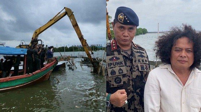 PEMILIK PAGAR LAUT MUNCUL - (kiri) Proses pembongkaran pagar laut yang dilakukan mandiri oleh PT TRPN di Perairan Pal Jaya, Desa Segarajaya, Kabupaten Bekasi, Jawa Barat, Selasa (11/2/2025). (kanan) Dirjen Pengawasan Sumber Daya Kelautan dan Perikanan (PSDKP) Pung Nugroho Saksono atau Ipunk bersama kuasa hukum PT TRPN Deolipa Yumara di Kampung Paljaya, Tarumajaya, Kabupaten Bekasi, Selasa (11/2/2025). Akhirnya kini satu diantara pemilik pagar laut muncul.