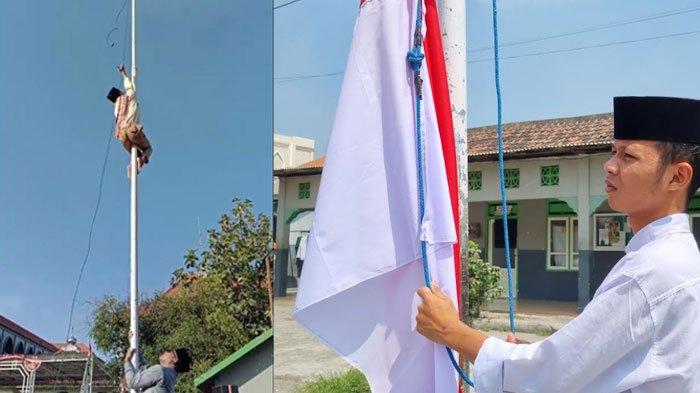 Aksi Sakha santri di Gresik yang nekat memanjat tiang bendera saat upacara HUT RI ke-78. Aksi nekat dilakukan untuk menyambung sambungan tali yang terputus
