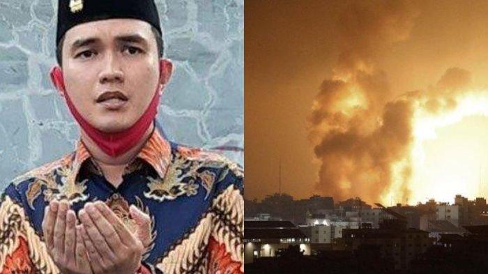 Kondisi api dan asap membubung di atas gedung-gedung selama serangan udara Israel di Kota Gaza pada 8 Oktober 2023. Aldi Taher salurkan honor syutingnya untuk Palestina.