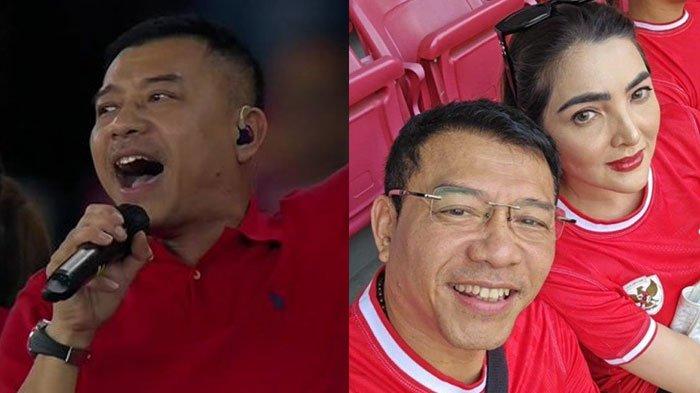 Anang Hermansyah dan Ashanty disoraki suporter Timnas Indonesia saat menyanyi di Stadion Utama Gelora Bung Karno.