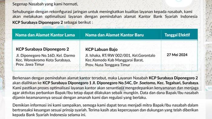 BSI KCP Surabaya Diponegoro 2 akan Relokasi ke Kantor Cabang Pembantu Labuan Bajo