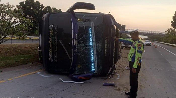 Petugas PJR Ditlantas Polda Jatim melakukan olah TKP di lokasi kecelakaan bus pariwisata tanpa muatan penumpang yang terguling di Tol Jombang-Mojokerto, KM jalur 688.400 Jalur B, pada Jumat (16/8/2024) dini hari