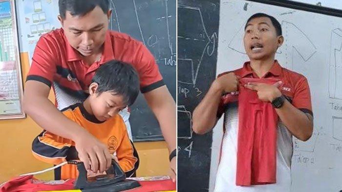 GURU VIRAL INSPIRATIF - Sosok Dede Sulaeman, guru SD di Cirebon ajarkan muridnya setrika baju. Aksi inspiratifnya viral di media sosial.