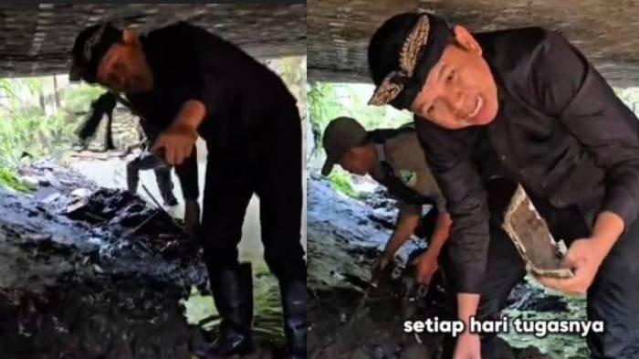 BERSIHKAN SUNGAI - Momen Gubernur Jawa Barat Dedi Mulyadi terlihat kesal saat membersihkan sungai. Ia menemukan mangkok pecah. Ini doanya untuk pembuang sampah ke sungai.