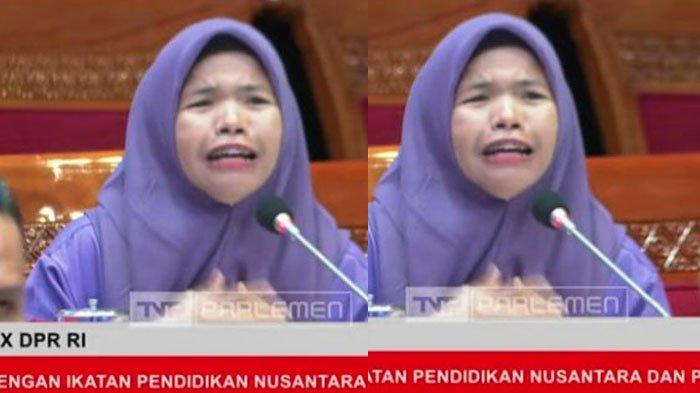 KELUHAN GURU HONORER - Momen R seorang guru honorer asal Bengkulu menangis saat mengadukan nasibnya kepada Komisi X DPR RI dalam Rapat Dengar Pendapat Umum (RDPU) di Kompleks Parlemen, Senayan, Jakarta Pusat, Senin (14/7/2025). Ia mengaku sudah 7 tahun mengajar.