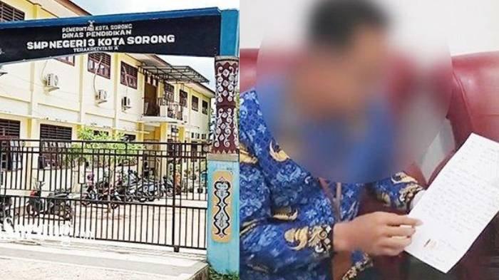 Guru SMP Negeri 3 Kota Sorong, Papua Barat Daya berinisial SA menunjukkan surat kesepakatan pembayaran denda yang dilayangkan oleh keluarga siswi akibat merekam video secara diam-diam lalu diunggah ke media sosial, Senin (4/11/2024).