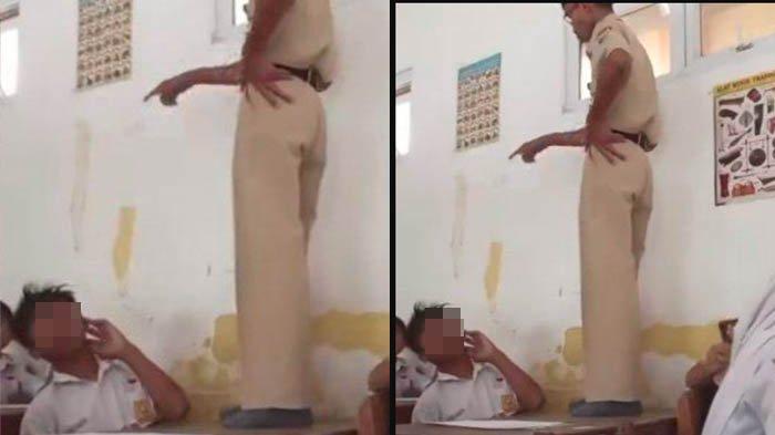 KASUS DUGAAN PENGANIAYAAN - Tangkapan layar video guru tendang kepala siswa sambil berdiri di atas meja. Peristiwa ini disebut terjadi di SMP Negeri 1 Karangawen, Demak.