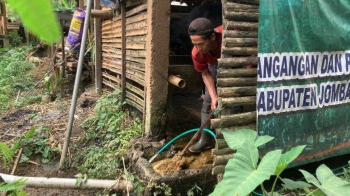 Hendri saat Mengaduk Kotoran Sapi yang Sudah Tercampur Air Sebelum Dimasukkan ke Dalam Tempat Penampungan, Kamis (15/8/2024)