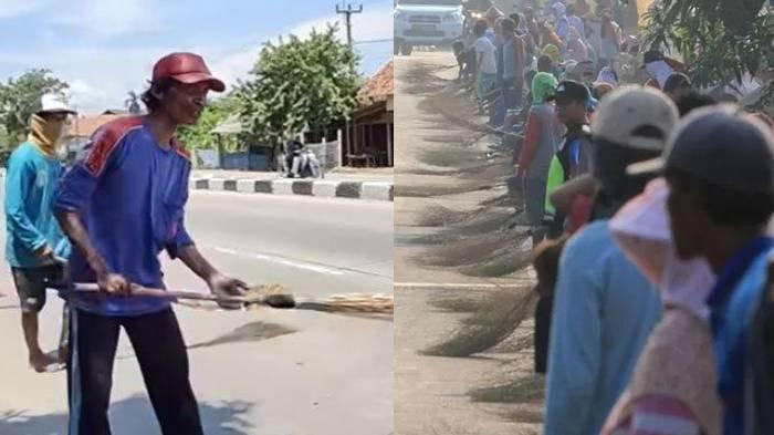 PENYAPU KOIN - (Kiri) Para penyapu koin di jalan Pantura, Indramayu. (Kanan) Warga menunggu pengendara motor memberi sedekah dengan melempar uang di Jembatan Sewo, Jalur Pantura Sukra, Indramayu, Jawa Barat pada Sabtu (9/6/2018).