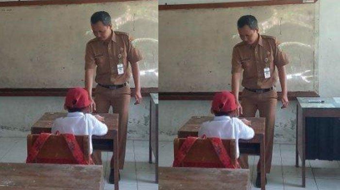 HARI PERTAMA SEKOLAH - Guru sekaligus Kepala SD Negeri 1 Wates, Kecamatan Undaan, Kabupaten Kudus, Jawa Tengah, Arif Wijayanto mengajar satu siswa baru di hari pertama dimulainya tahun ajaran baru 2025/2026, Senin (14/7/2025). Tahun ini, SDN 1 Wates hanya mendapat satu siswa baru. Sementara 1 sekolah ini hanya berisi 24 siswa.