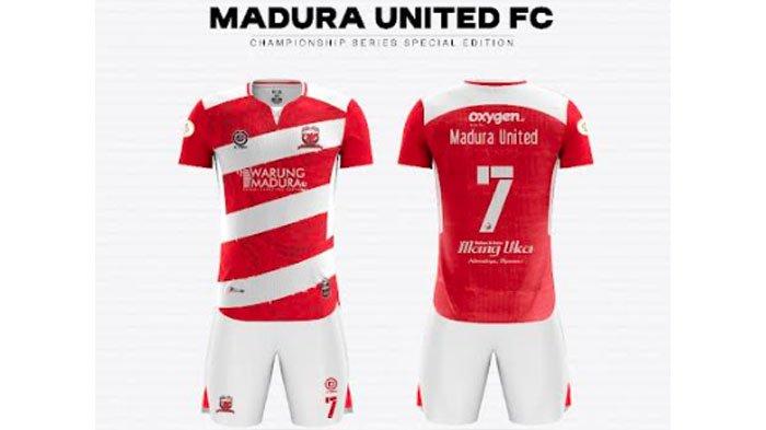 Jersey Madura United yang akan digunakan di babak championship series Liga 1 2023/2024. Ada ubahan sponsor utama.