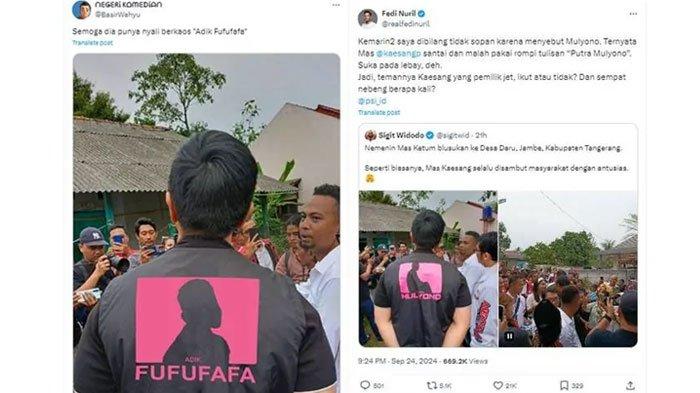 Aksi Kaesang Pangarep pakai kaos putra Mulyono, ramai di media sosial X.