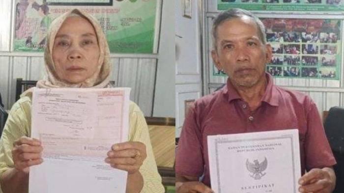 KAKEK GUGAT CUCU - Nenek dan Kakek dari Zaki, Narti dan Kadi di Kantor LBH Dharma Bakti Indramayu, Selasa 8 Juli 2025 memperlihatkan surat pernyataan mengosongkan tanah.