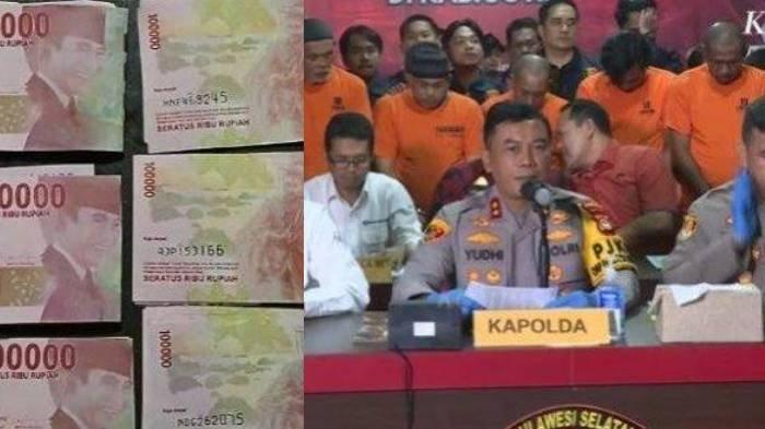 Kapolda Sulsel, Irjen Yudhiawan Wibisono dengan jajaran saat konferensi pers terkait kasus peredaran uang palsu dari UIN Alauddin Makassar di Mapolres Gowa, Kamis (19/12/2024).