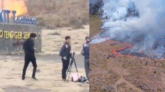 (Foto kanan) Cuplikan di media sosial kawasan di Gunung Bromo yang kebakaran diduga dipicu oleh sejoli dan kru lakukan pemotretan prewedding, (Foto kiri) kondisi kawasan Gunung Bromo yang pernah terbakar.