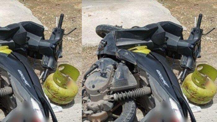 ISTRI PEDAGANG KECELAKAAN - Sepeda motor yang dikendarai Tri Lestari (48) dan tabung gas melon, Selasa (4/2/2025). Alih-alih istri mendapatkan elpiji, Sugeng justru mendengar kabar bahwa istrinya meninggal dunia terlindas truk tronton sewaktu dirinya mangkal berjualan di salah satu sekolah.