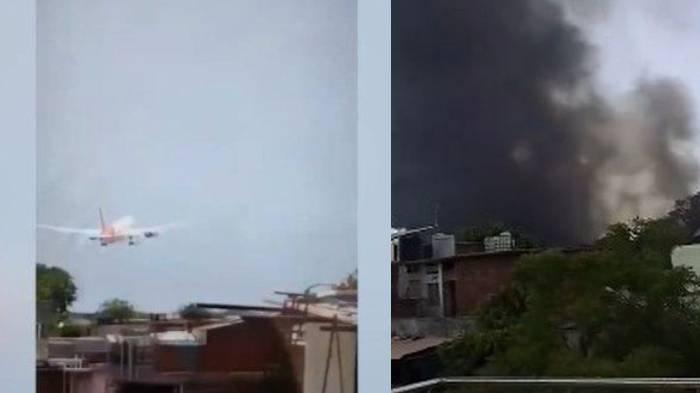 PESAWAT JATUH - (Kiri) Detik-detik pesawat Air India yang terjatuh beberapa saat setelah lepas landas di Bandara Ahmedabad dengan tujuan London, Inggris, pada Kamis (12/6/2025). (Kanan) Tangkapan layar video seusai Air India jatuh di Bandara Ahmedabad, Gujarat, India. Dalam insiden ini, kepolisian setempat mengumumkan tidak ada penumpang maupun awak pesawat yang selamat. Bahkan, Akiibat insiden ini juga, ada lima mahasiswa kedokteran turut menjadi korban tewas.