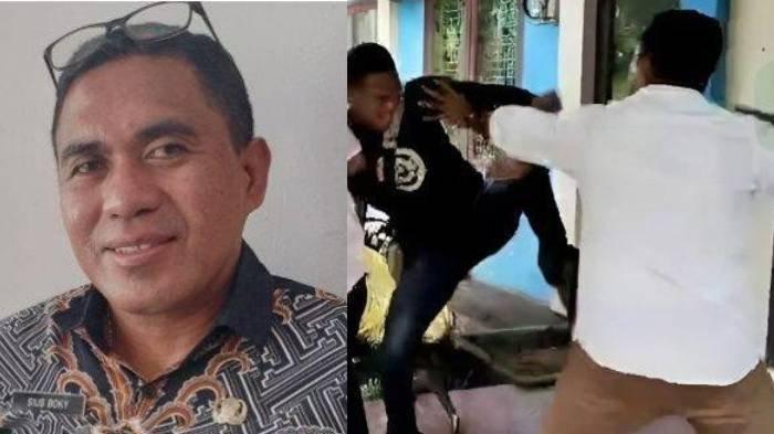 Tangkapan layar Kepala Dinas Perindagkop Halmahera Barat dan staf pukul warga saat sampaikan aspirasi kelangkaan minyak tanah.